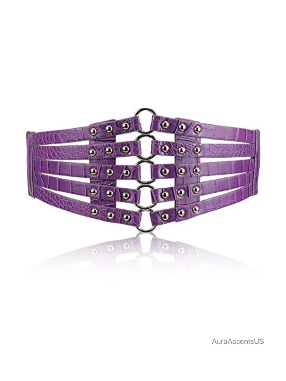 PU Leather Wide Waist Belt Hollow Out Rivets Stretch Cinch Waistband